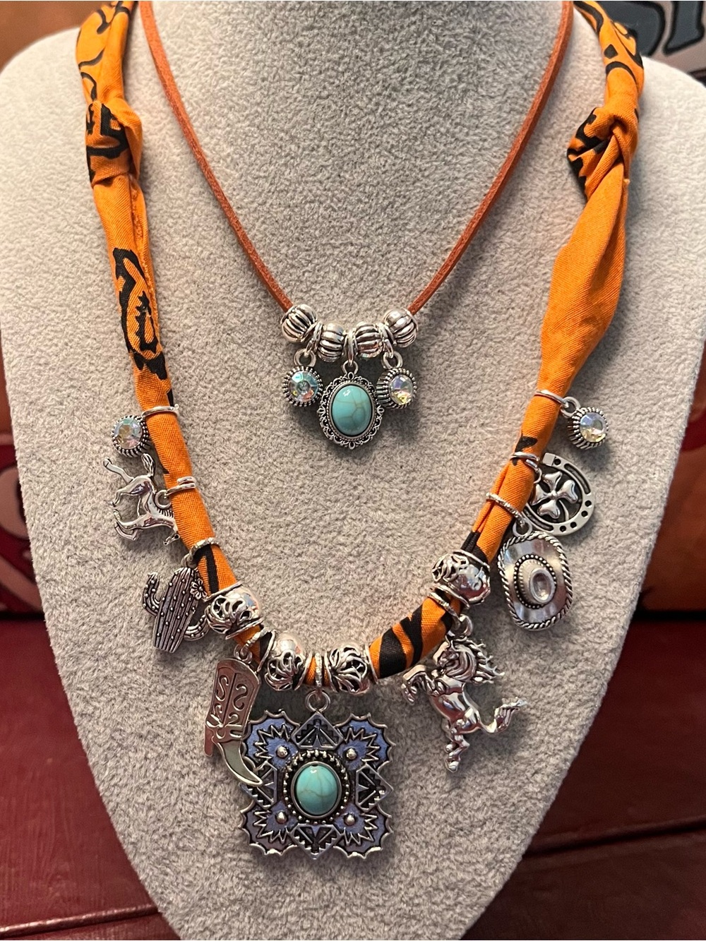 Turquoise Pendant Layered Necklace - Terracotta Silver Charm Statement
